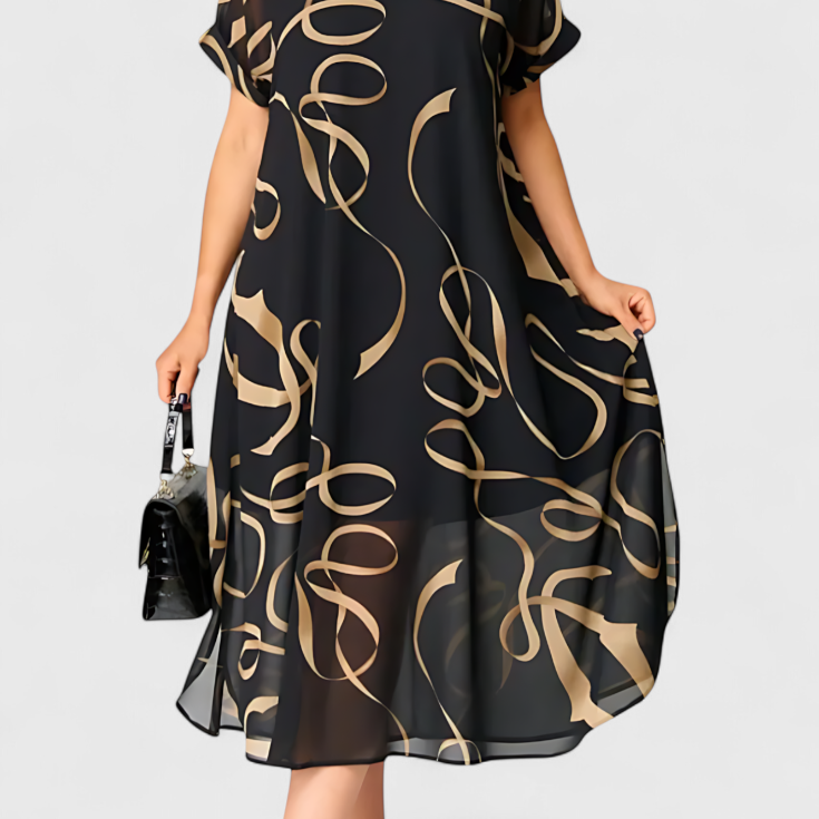 Robe Caftan Noir Jillian avec Imprimé Abstrait en Or et Décolleté en V