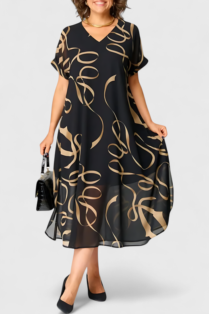 Robe Caftan Noir Jillian avec Imprimé Abstrait en Or et Décolleté en V