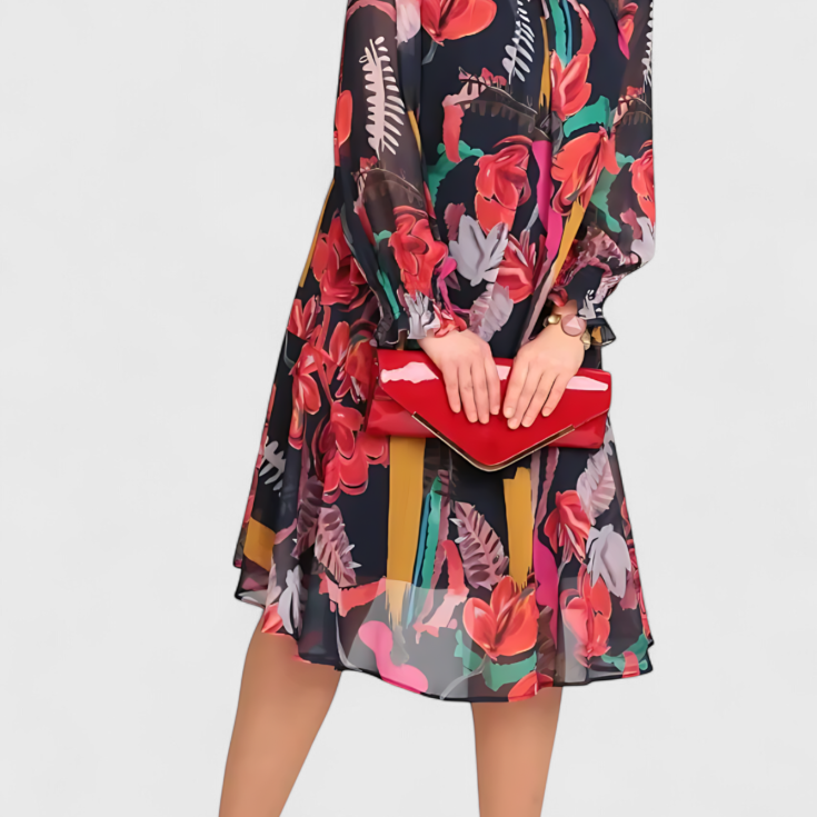 Robe Midi Florale Annegret avec Manches Longues et Coupe Fluide