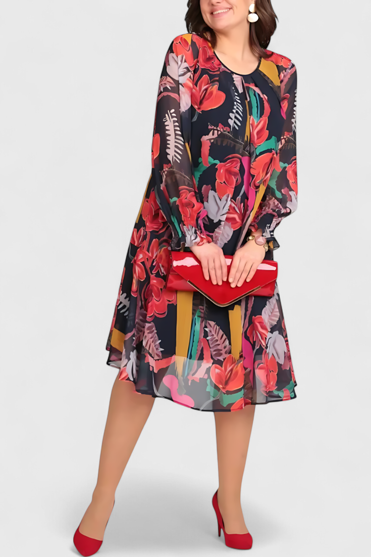 Robe Midi Florale Annegret avec Manches Longues et Coupe Fluide