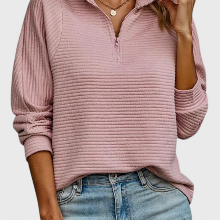 Helene | Pull à Col en V avec Fermeture Éclair et Manches Longues