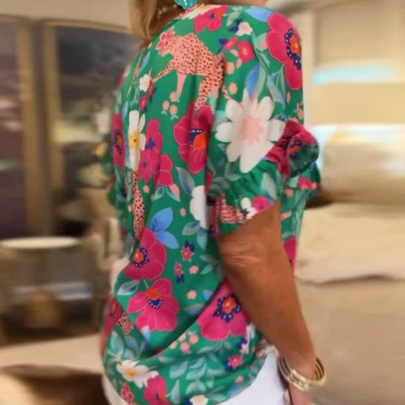 Blouse À Encolure En V Imprimé Floral Manches Courtes