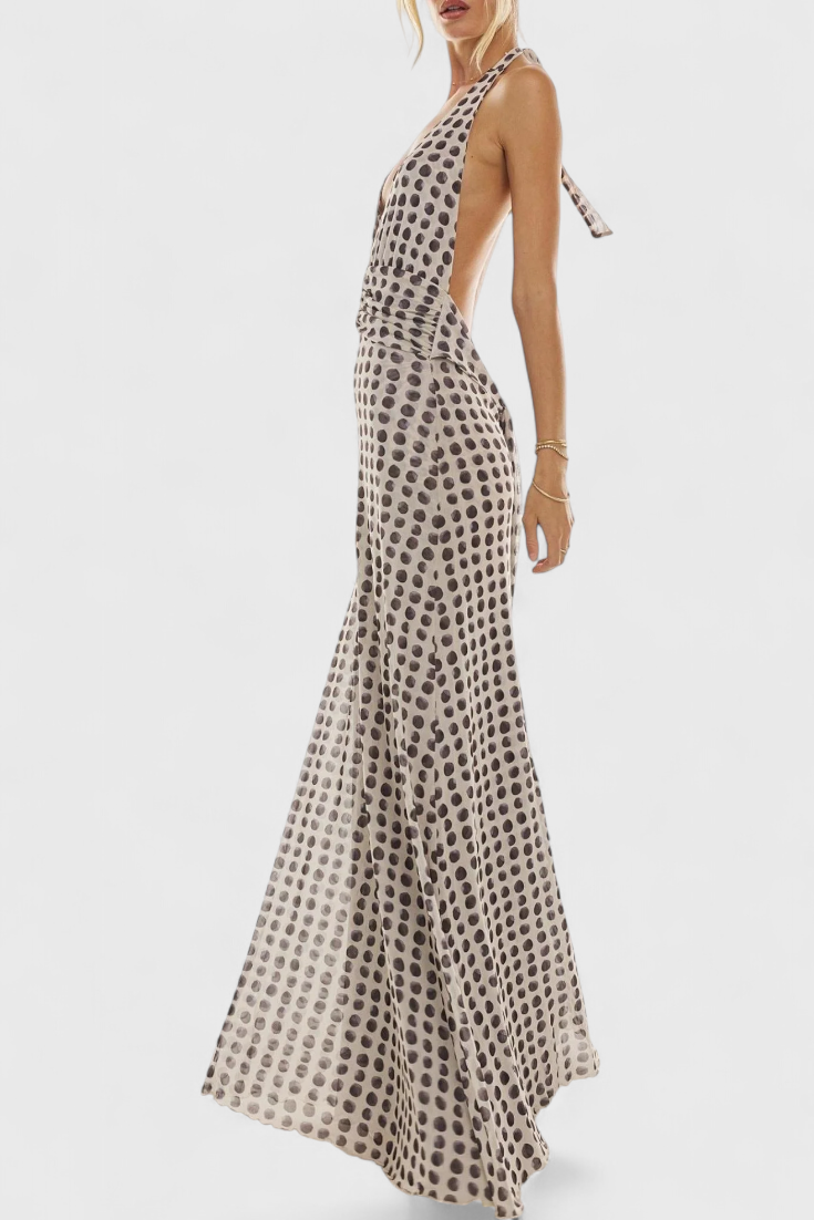 Robe Maxi à Pois Melodía avec Décolleté Halter et Taille Froncée