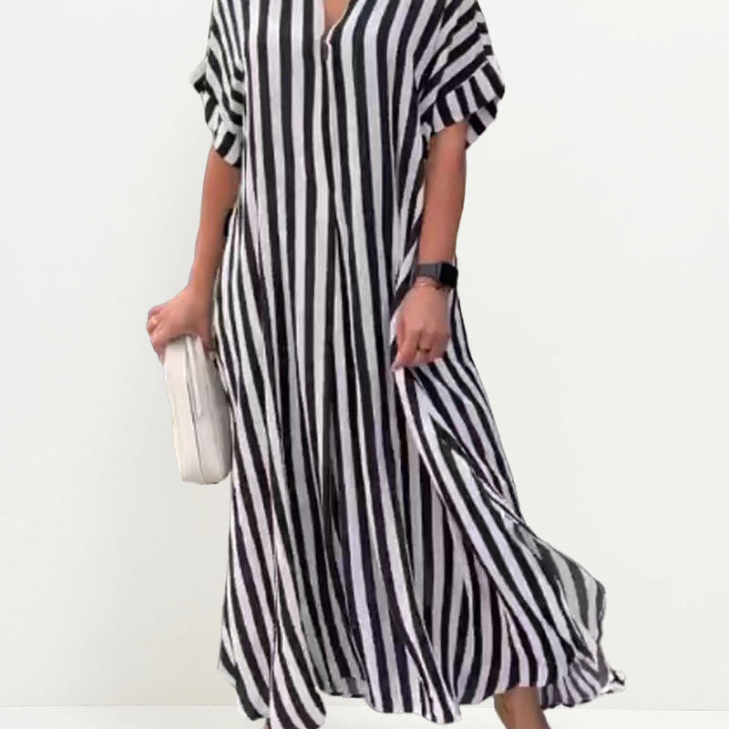 Robe Maxi Longue Élegante à Imprimé Vintage Boho Décolleté en V à Manches Courtes