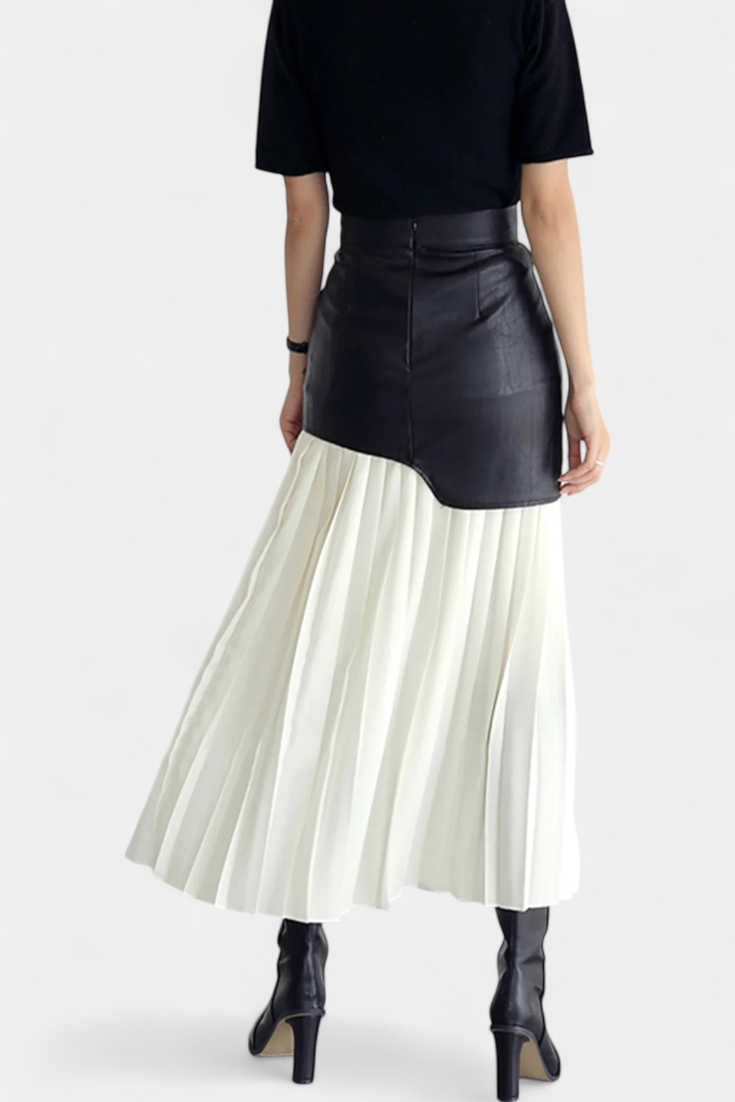 Jupe Maxi Asymétrique en Chiffon et Cuir Synthétique Noelle