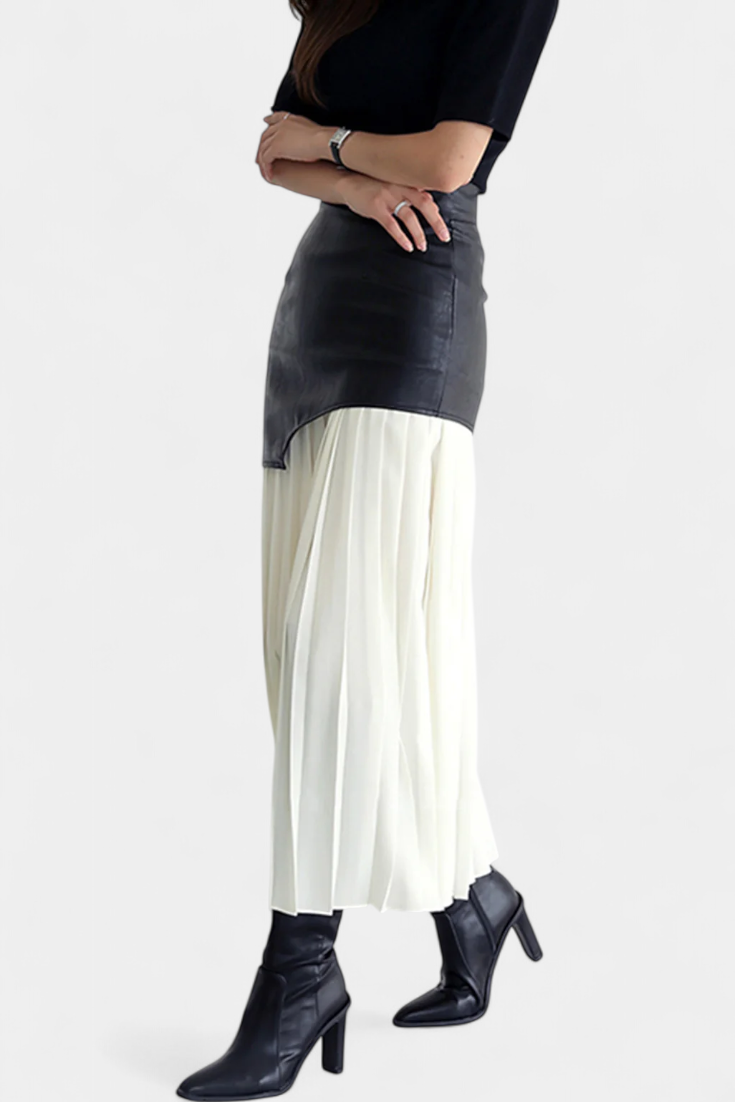 Jupe Maxi Asymétrique en Chiffon et Cuir Synthétique Noelle