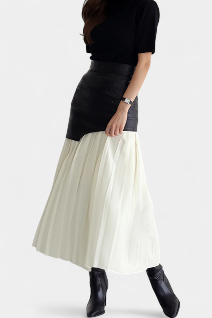 Jupe Maxi Asymétrique en Chiffon et Cuir Synthétique Noelle