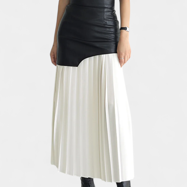 Jupe Maxi Asymétrique en Chiffon et Cuir Synthétique Noelle