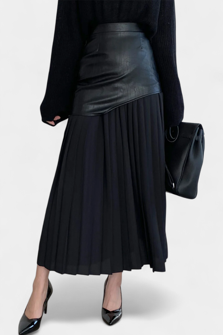 Jupe Maxi Asymétrique en Chiffon et Cuir Synthétique Noelle