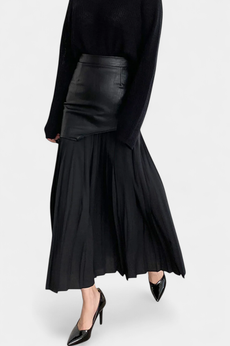 Jupe Maxi Asymétrique en Chiffon et Cuir Synthétique Noelle