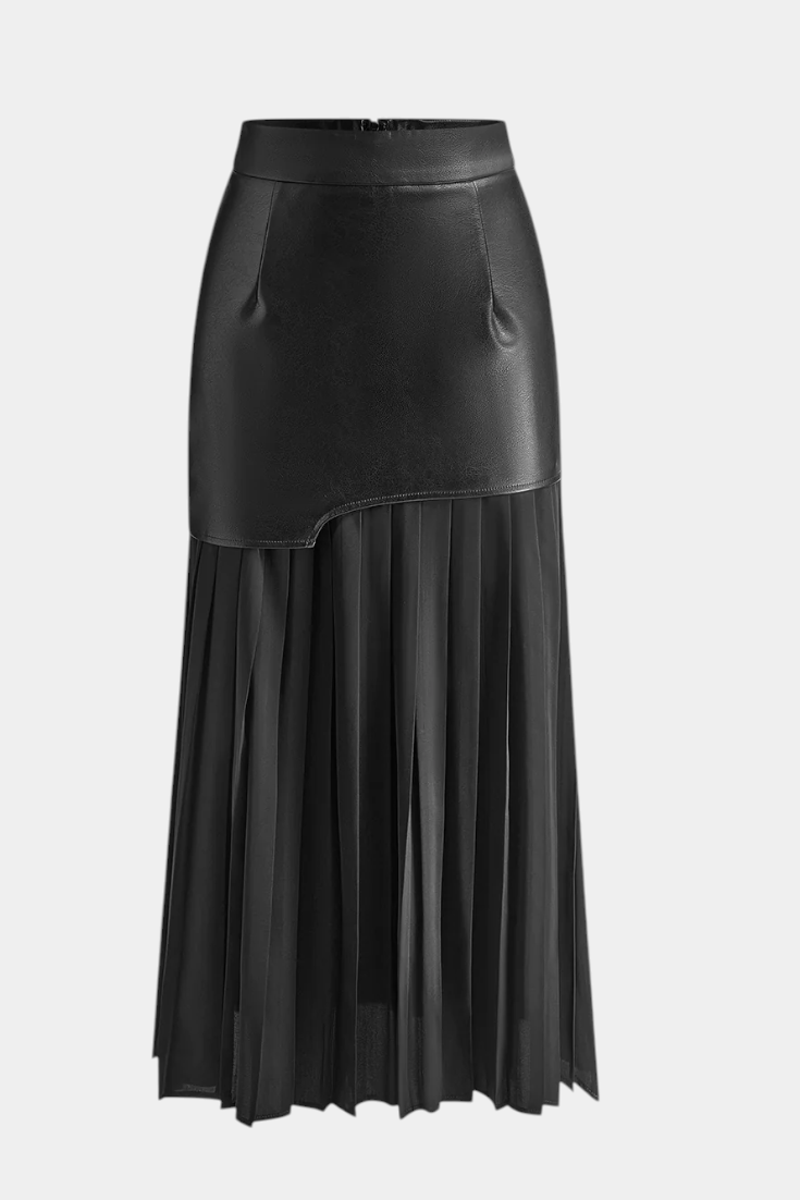 Jupe Maxi Asymétrique en Chiffon et Cuir Synthétique Noelle