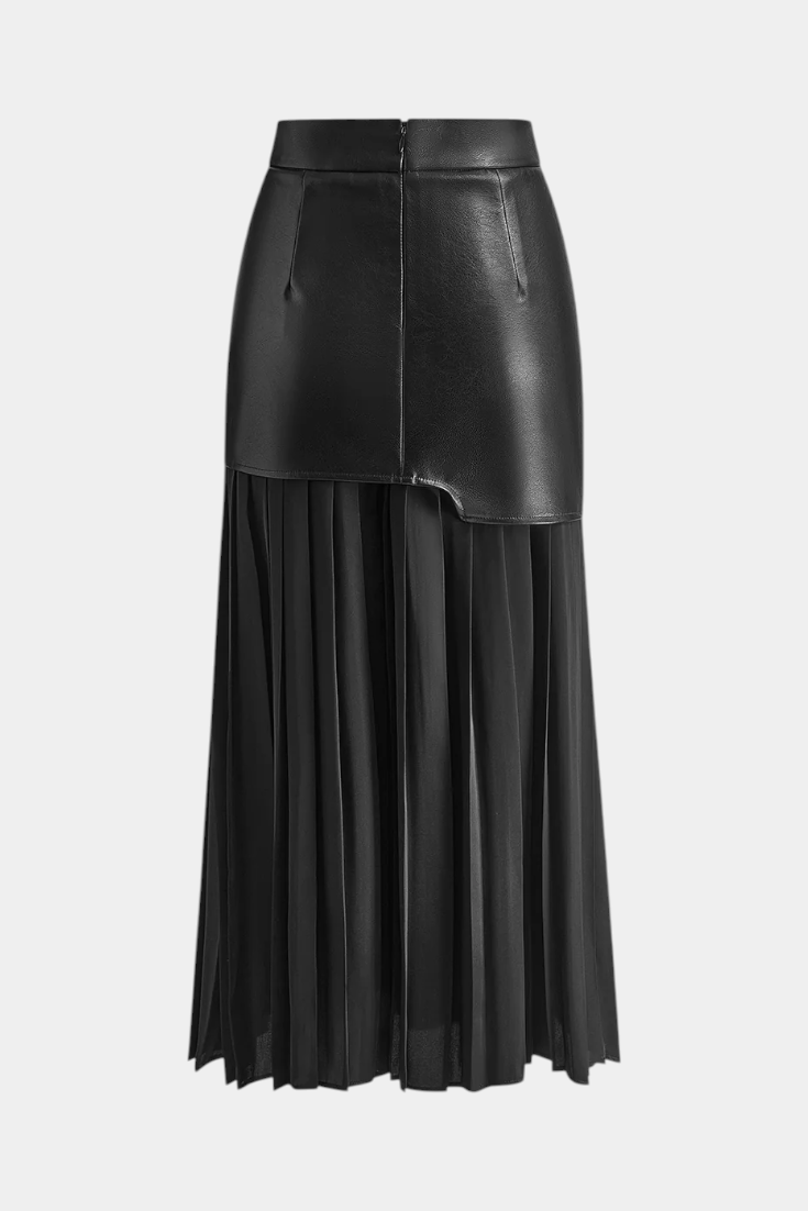 Jupe Maxi Asymétrique en Chiffon et Cuir Synthétique Noelle