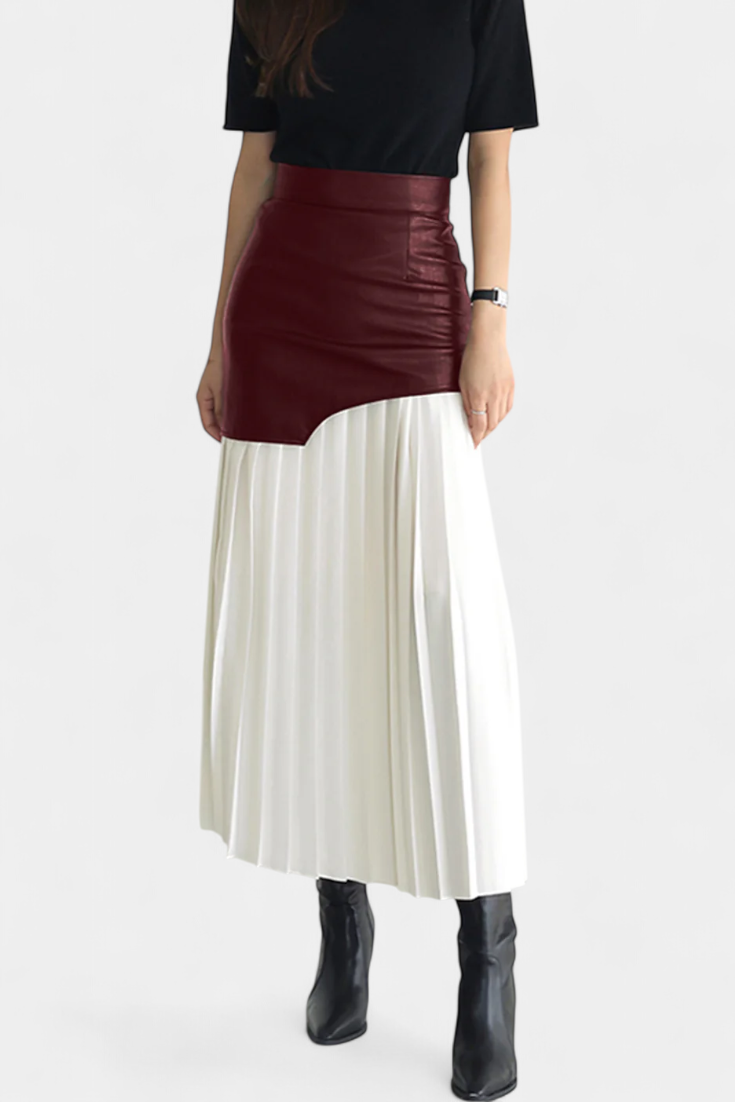 Jupe Maxi Asymétrique en Chiffon et Cuir Synthétique Noelle
