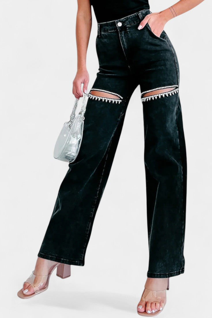 Jeans Evian Ripped Straight-Leg avec Rhinestones