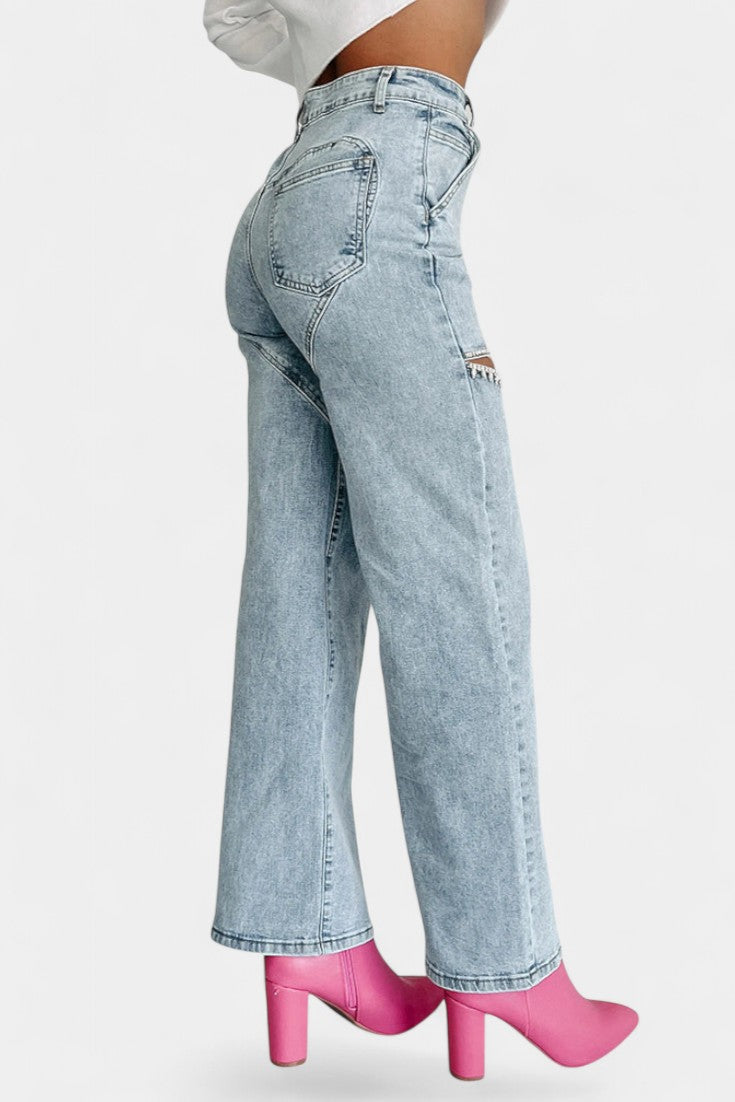 Jeans Evian Ripped Straight-Leg avec Rhinestones
