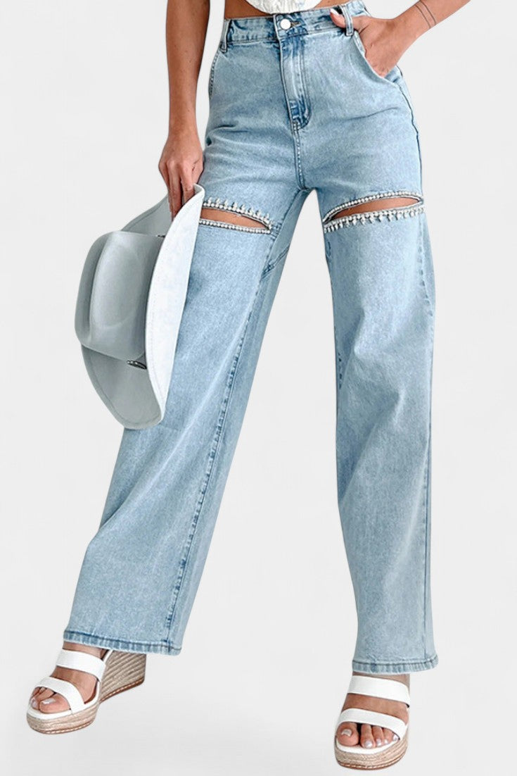 Jeans Evian Ripped Straight-Leg avec Rhinestones