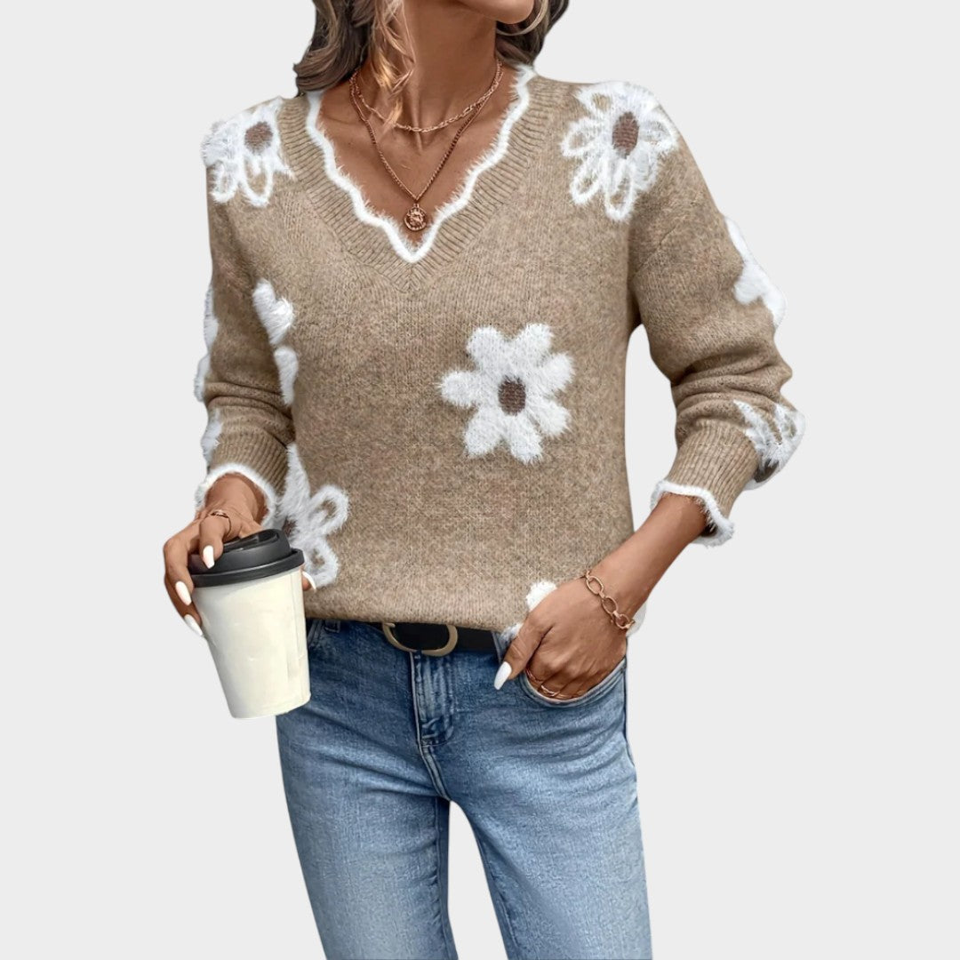 Thea™ | Pull femme à fleurs blanches