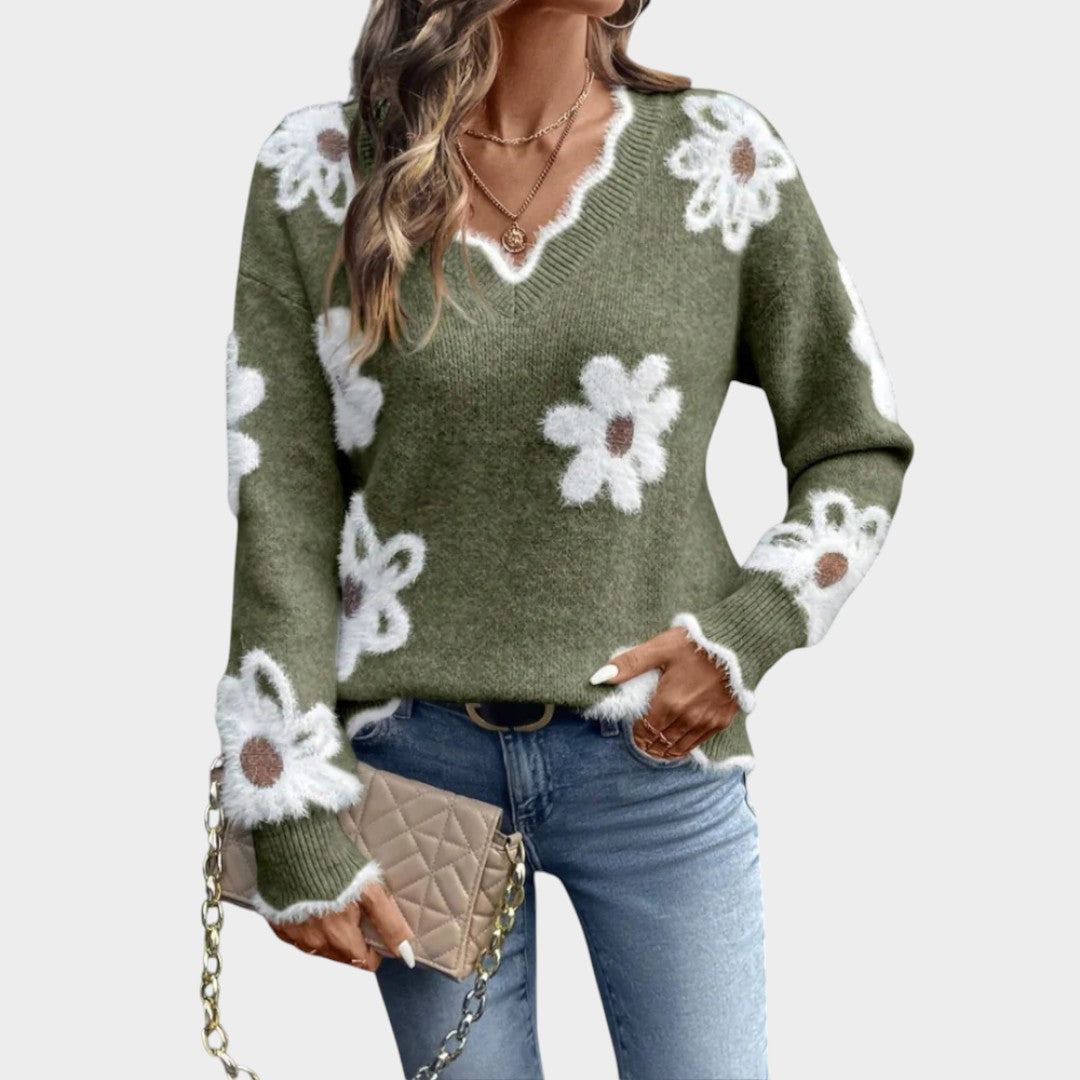 Thea™ | Pull femme à fleurs blanches