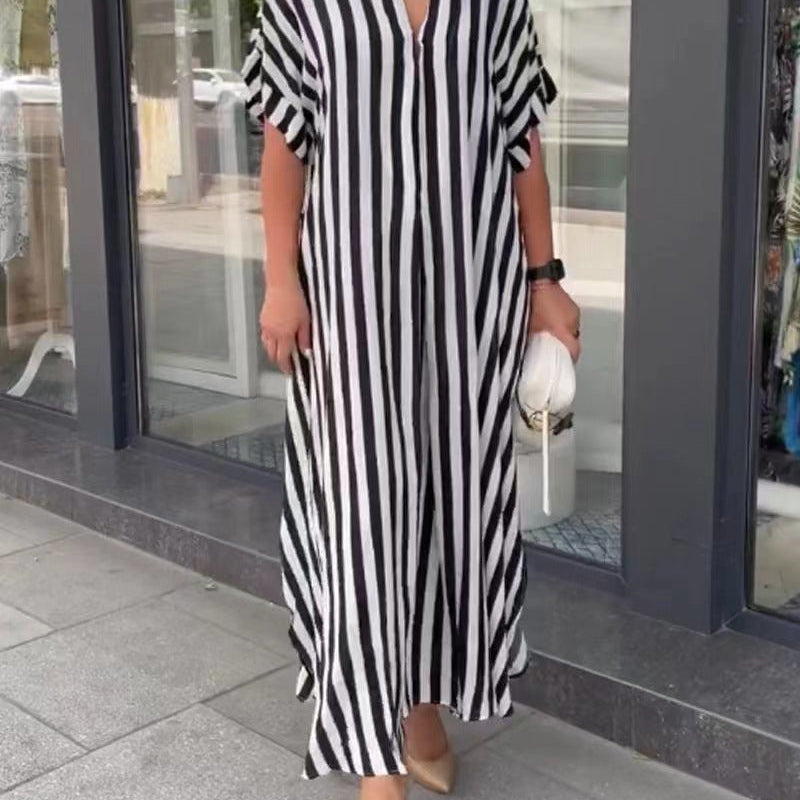 Robe Maxi Longue Élegante à Imprimé Vintage Boho Décolleté en V à Manches Courtes