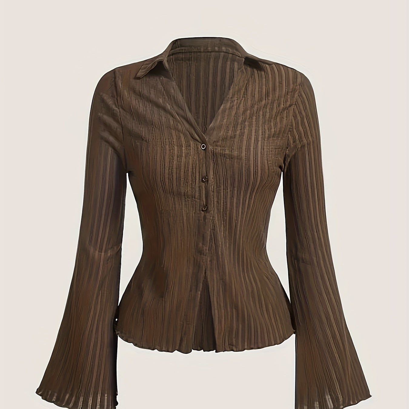 Blouse Femme Vintage Marron à Manches Cintrées à la Taille