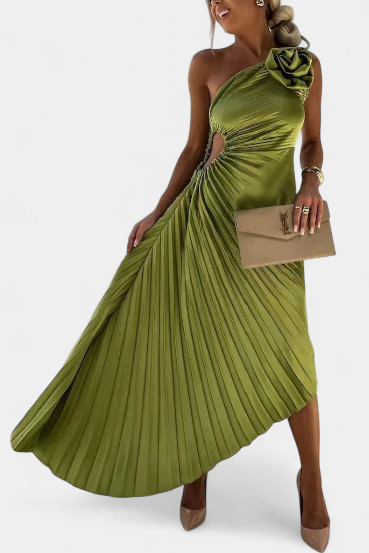 Robe de Cocktail Asymétrique Leire avec Applique Florale et Jupe Plissée