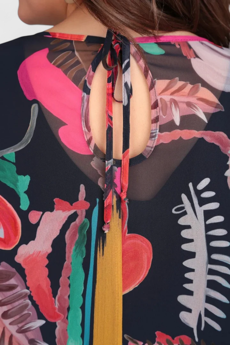 Robe Midi Florale Annegret avec Manches Longues et Coupe Fluide