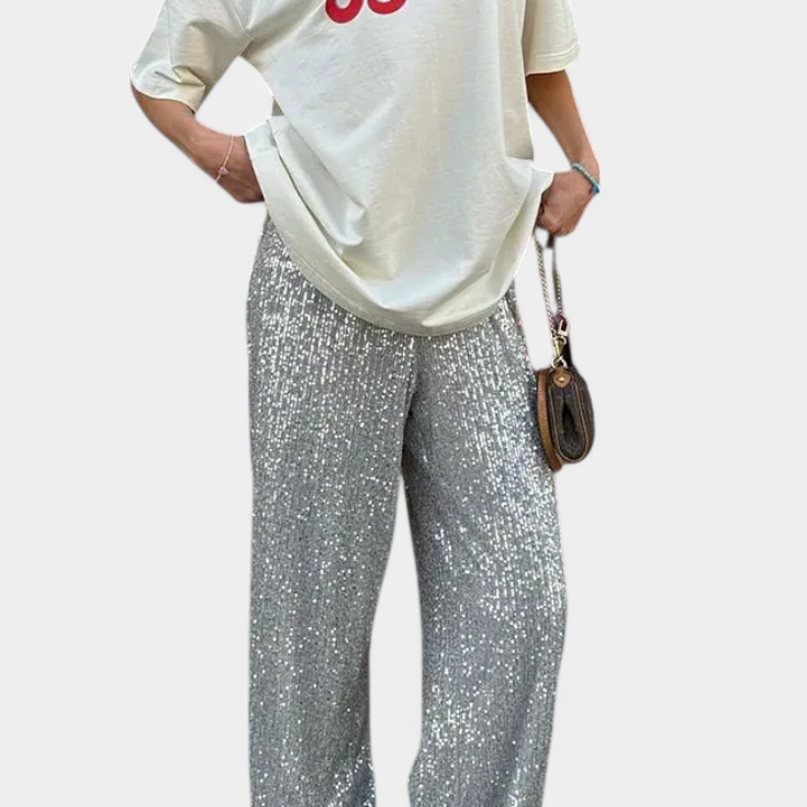 Elva Pantalons à Paillettes Taille Haute et Coupe Ample