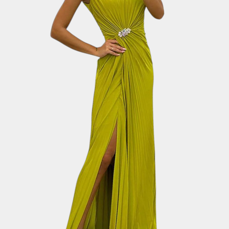 Robe Maxi Plissée Shiloh avec Fente Latérale et Décolleté Croisé