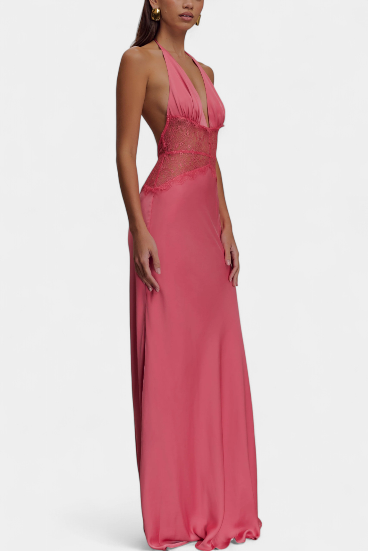 Robe Longue Ashanty avec Décolleté Halter et Taille en Dentelle Transparente