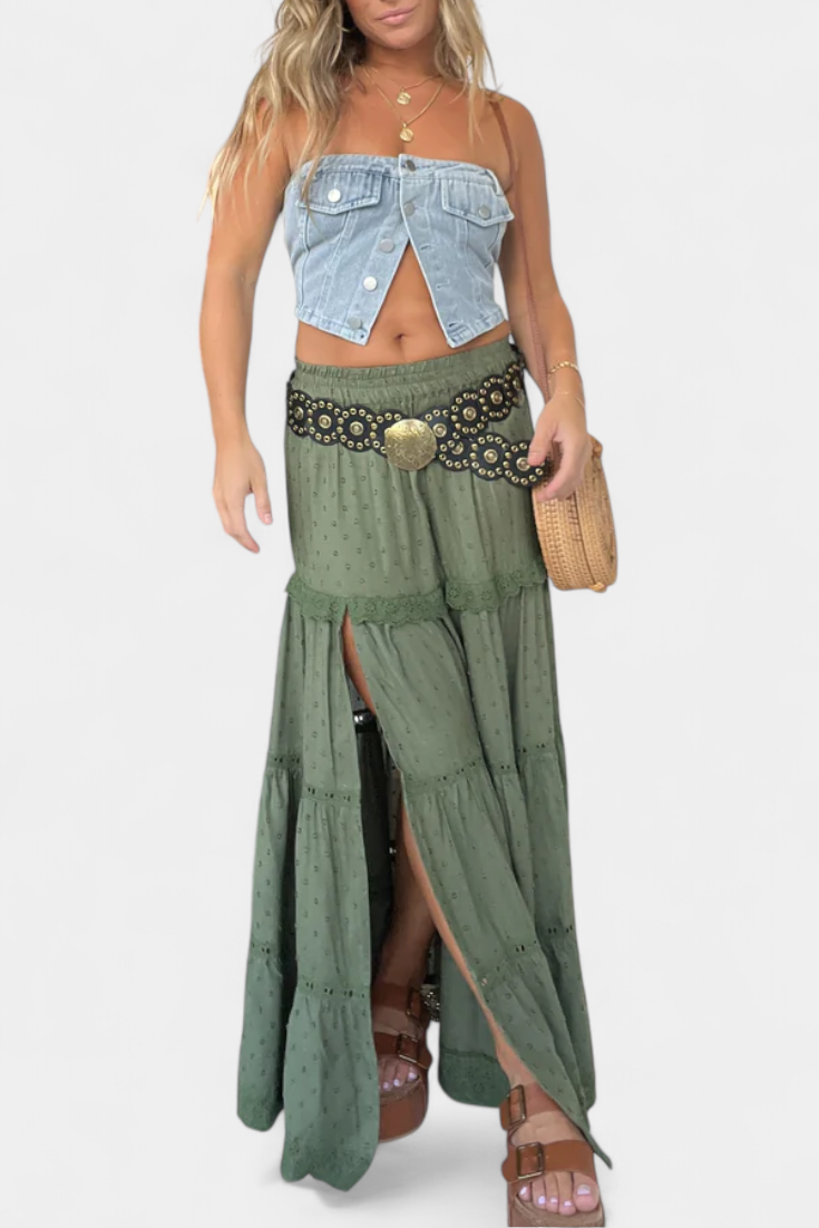 Jupe Maxi Boho Dola avec Dentelle et Fente Frontale