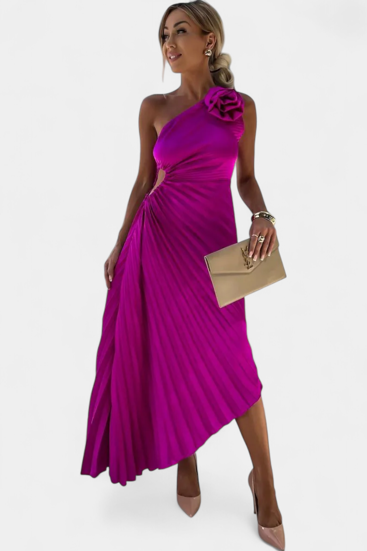 Robe de Cocktail Asymétrique Leire avec Applique Florale et Jupe Plissée