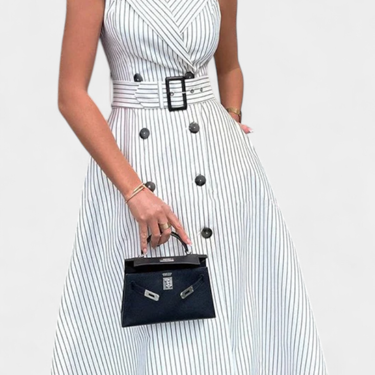 Robe Chemise Midi à Rayures avec Ceinture Nouée