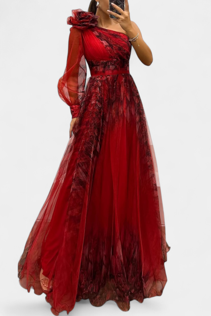 Becca Robe Maxi en Chiffon avec Épaule Dégagée et Fleur Volumineuse