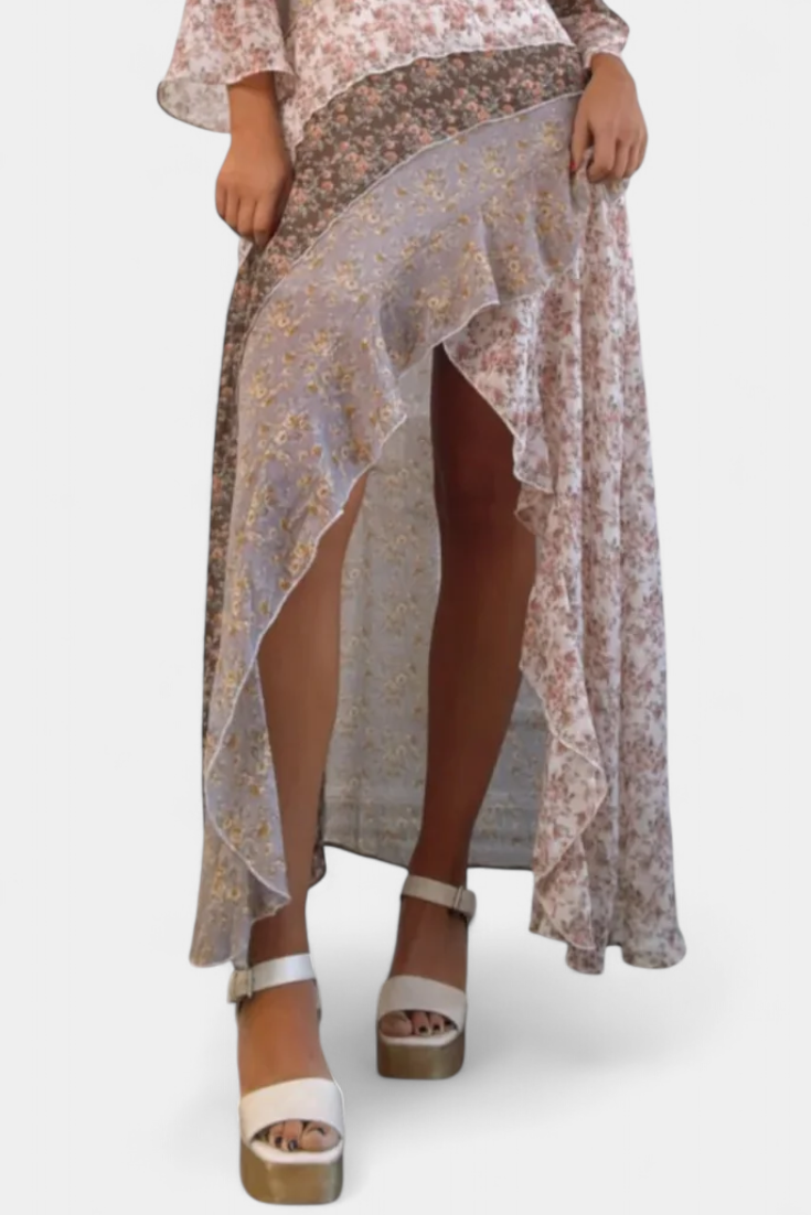 Ruth Robe Longue Fleurie avec Manches 3/4 et Volants