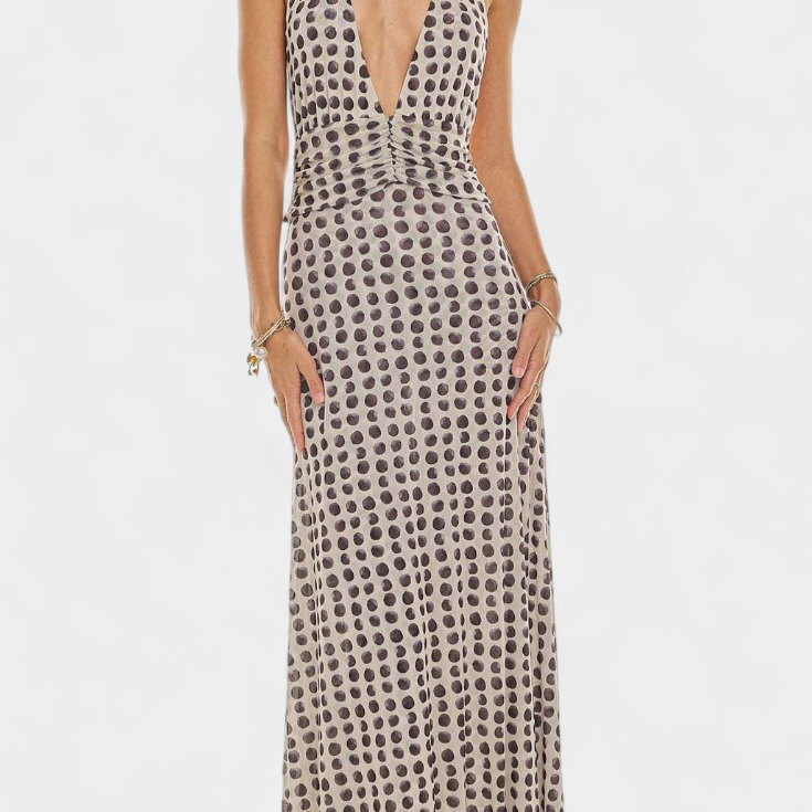 Robe Maxi à Pois Melodía avec Décolleté Halter et Taille Froncée
