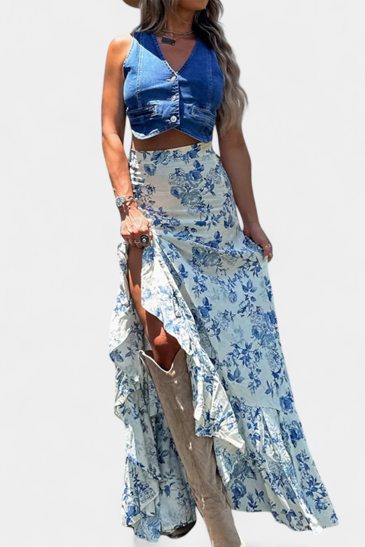 Robe Maxi Fleurie Kala avec Fente et Volants