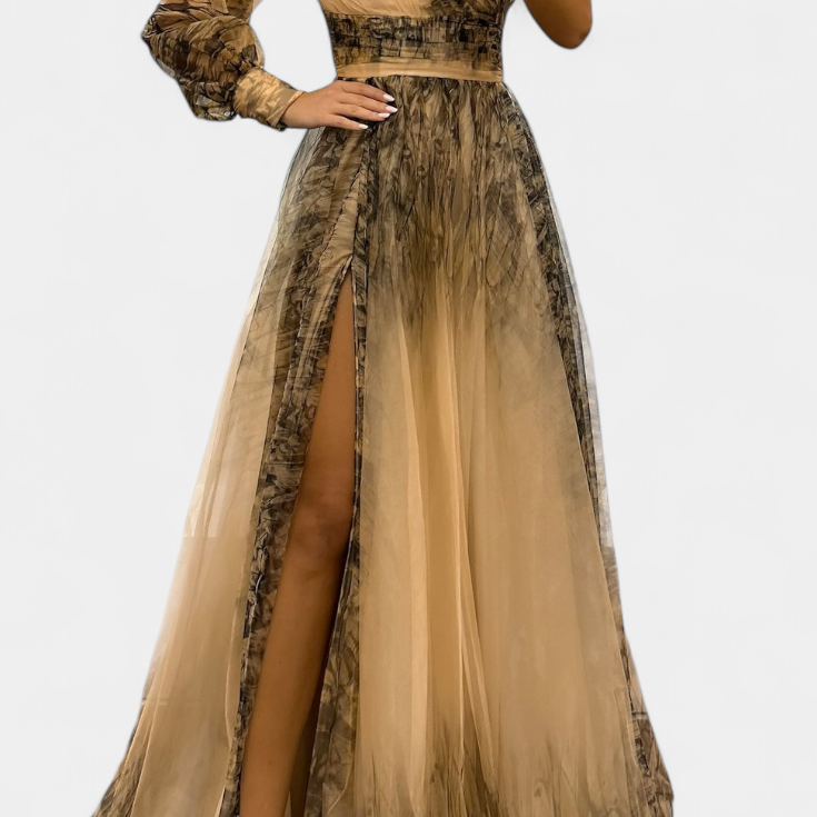 Becca Robe Maxi en Chiffon avec Épaule Dégagée et Fleur Volumineuse