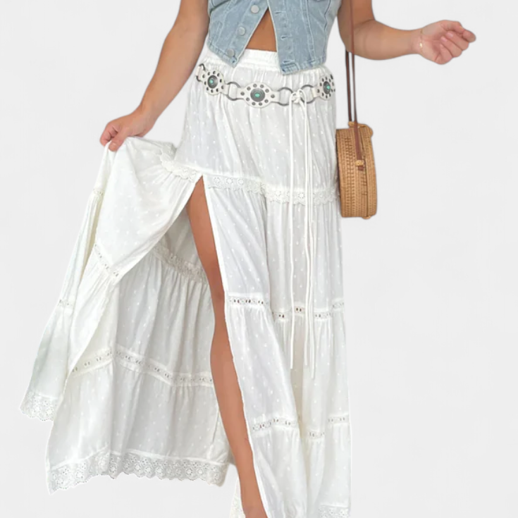 Jupe Maxi Boho Dola avec Dentelle et Fente Frontale
