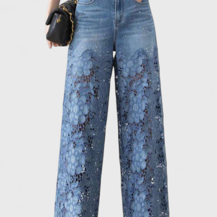 Pantalon Palazzo en Denim avec Broderie Florale Jasiel