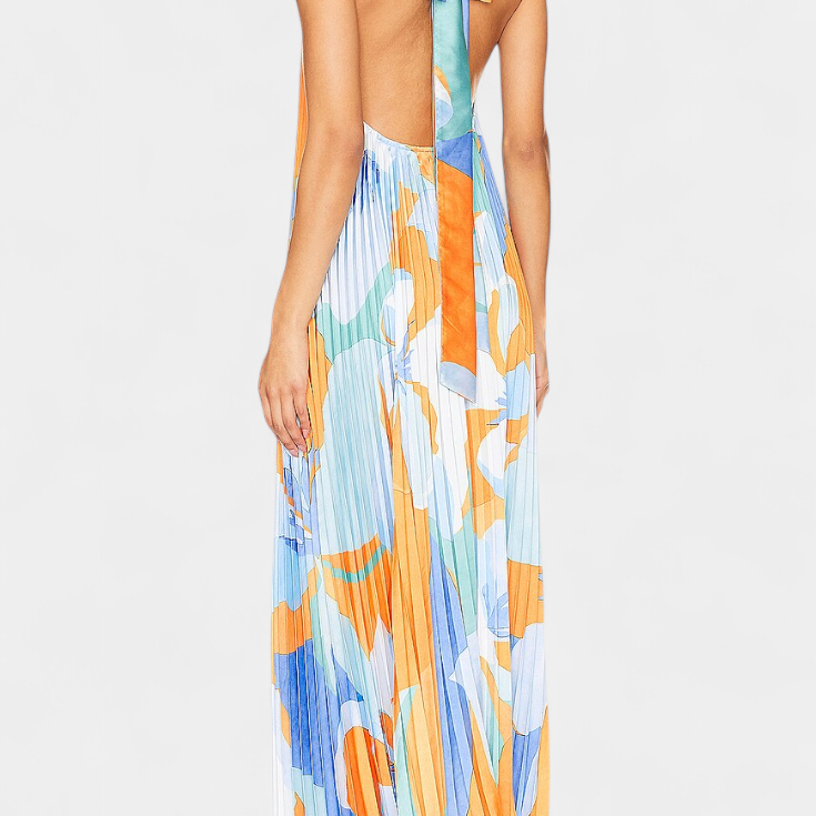 Robe Longue Plissée Giselle avec Décolleté Halter et Mouvement Élégant