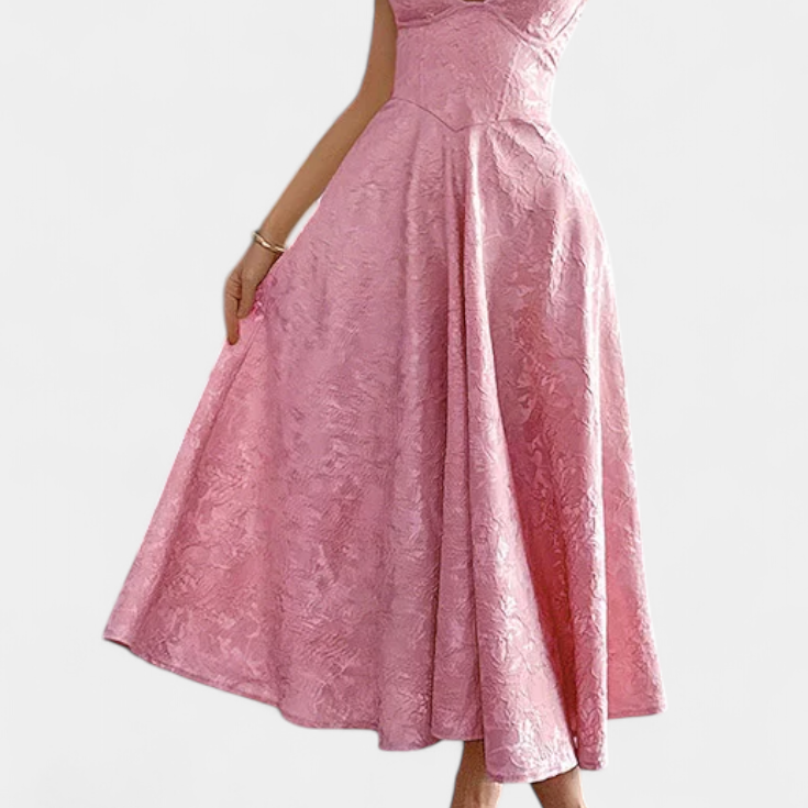 Robe Midi Jacquard Gilda avec Dos Nu et Taille Haute