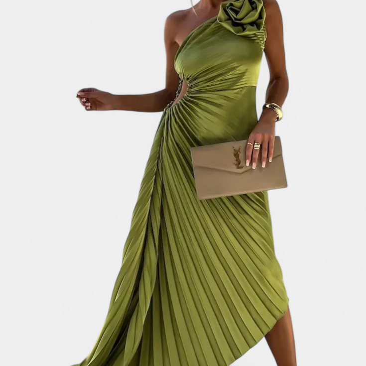 Robe de Cocktail Asymétrique Leire avec Applique Florale et Jupe Plissée