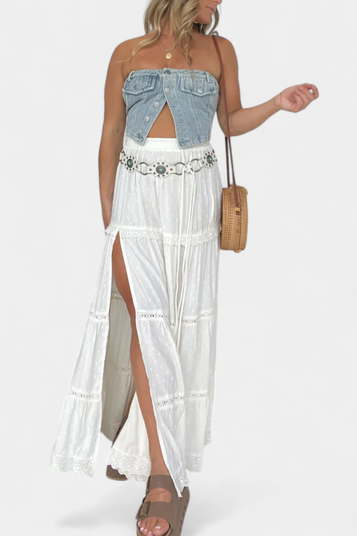 Jupe Maxi Boho Dola avec Dentelle et Fente Frontale