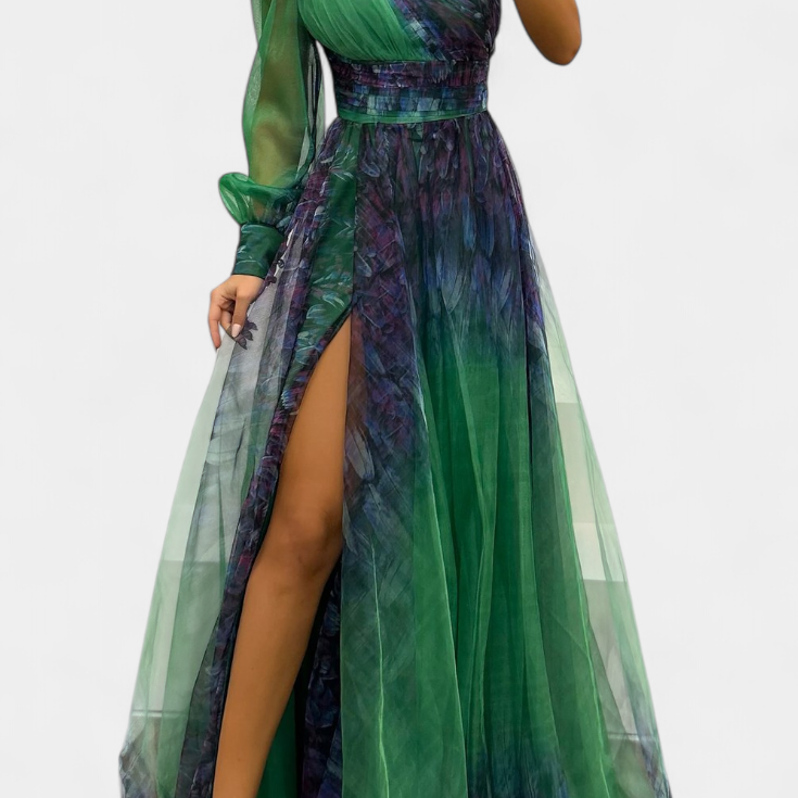 Becca Robe Maxi en Chiffon avec Épaule Dégagée et Fleur Volumineuse