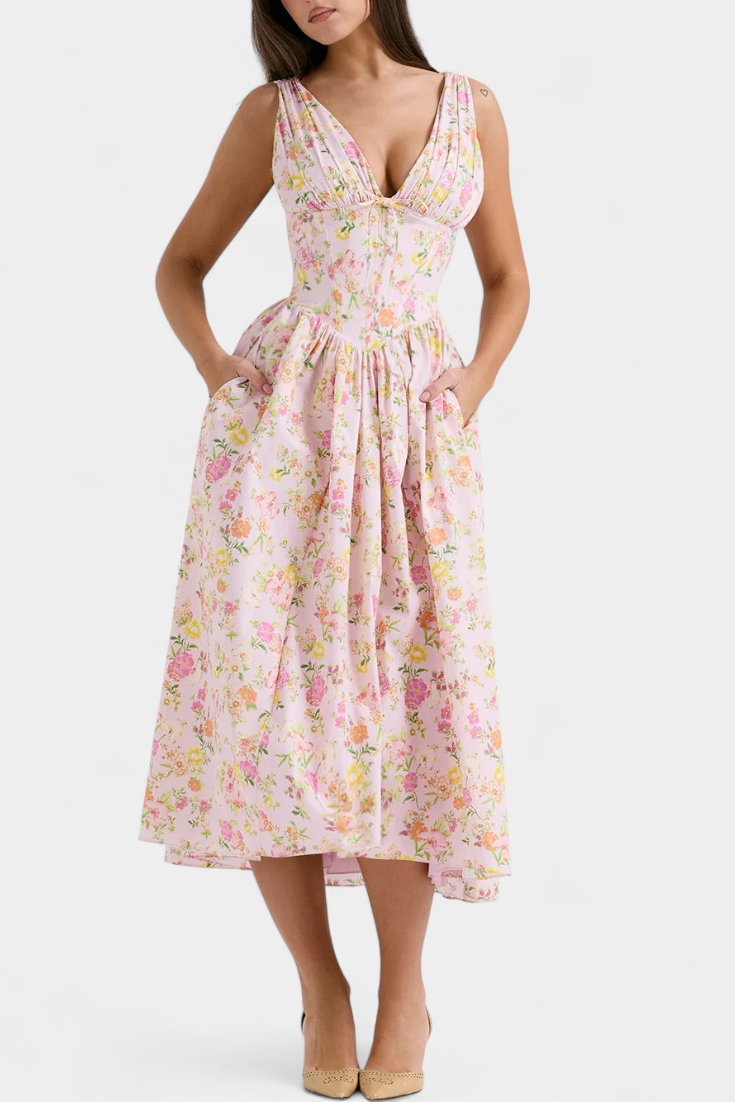 Robe Midi Margie à Décolleté en V et Imprimé Floral Romantique