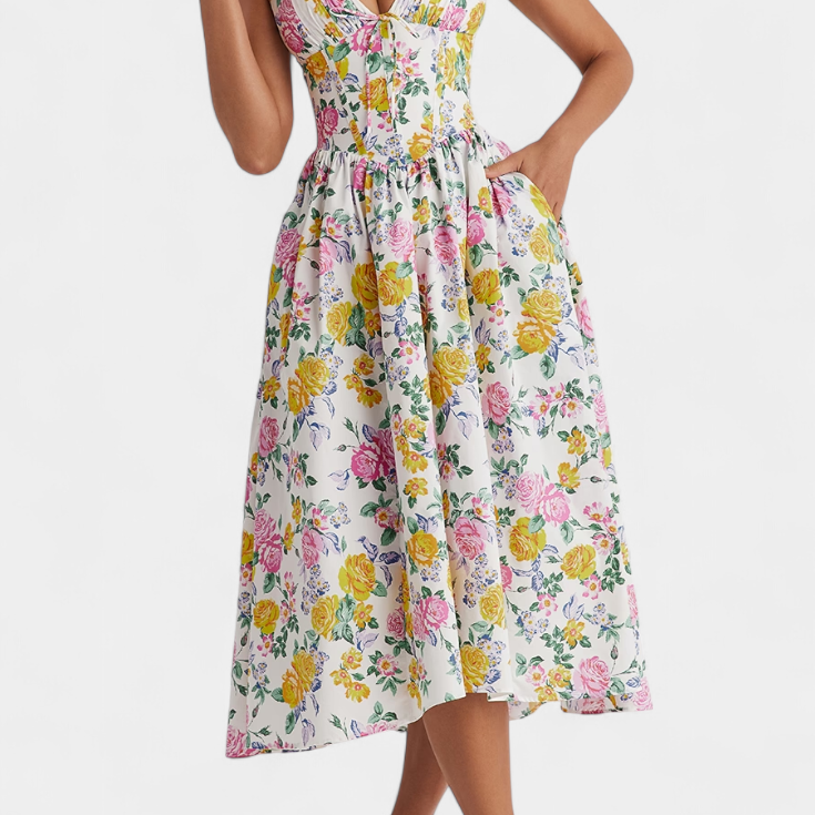 Robe Midi Margie à Décolleté en V et Imprimé Floral Romantique