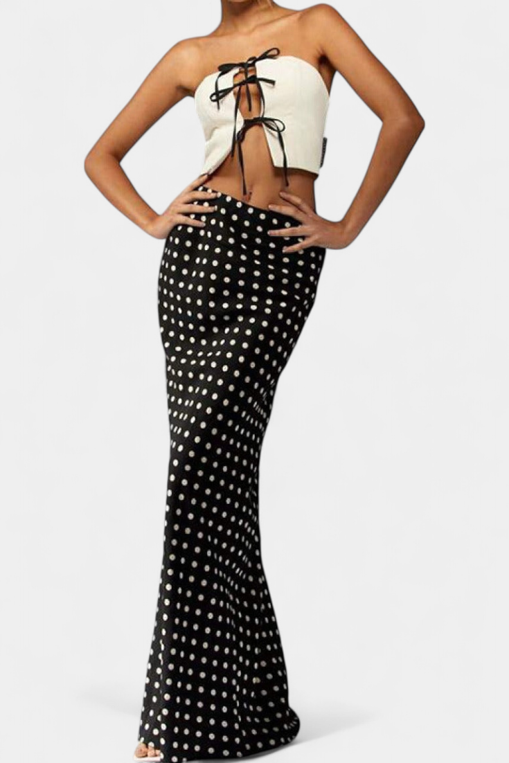 Jupe Longue Ajustée en Viscose à Imprimé à Pois