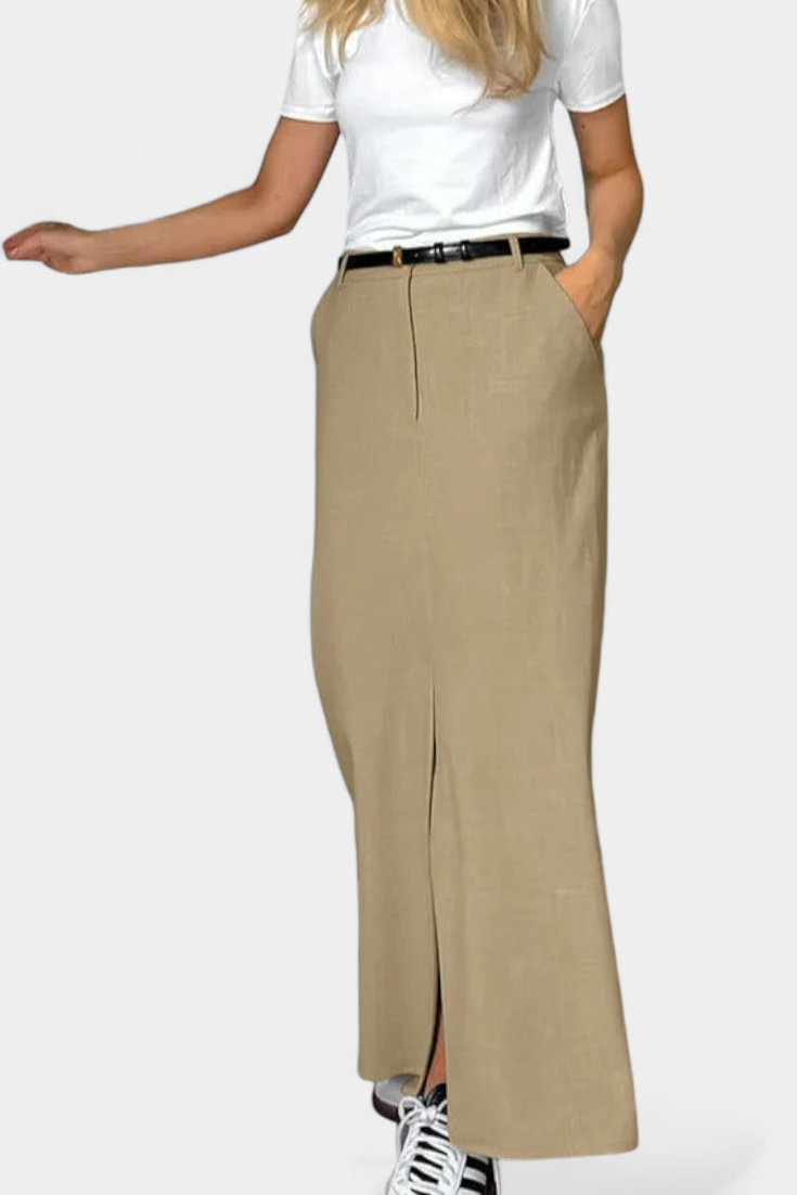 Jupe Amani Longue Taille Haute avec Fente Frontale et Coupe Droite
