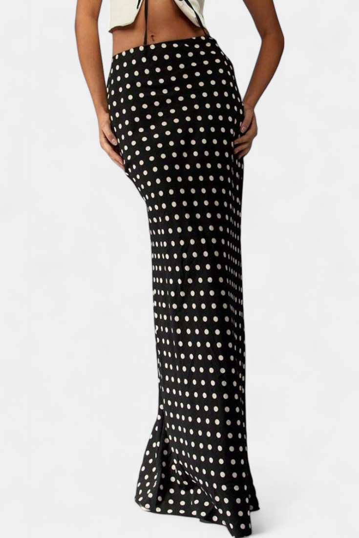 Jupe Longue Ajustée en Viscose à Imprimé à Pois