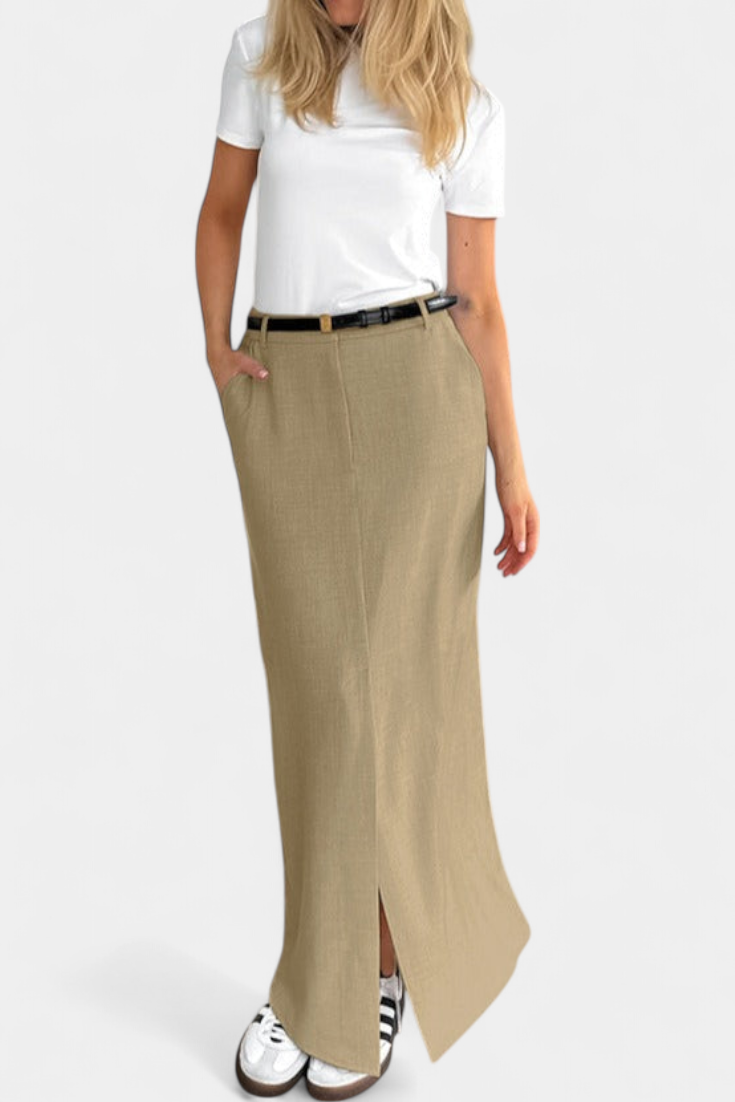 Jupe Amani Longue Taille Haute avec Fente Frontale et Coupe Droite